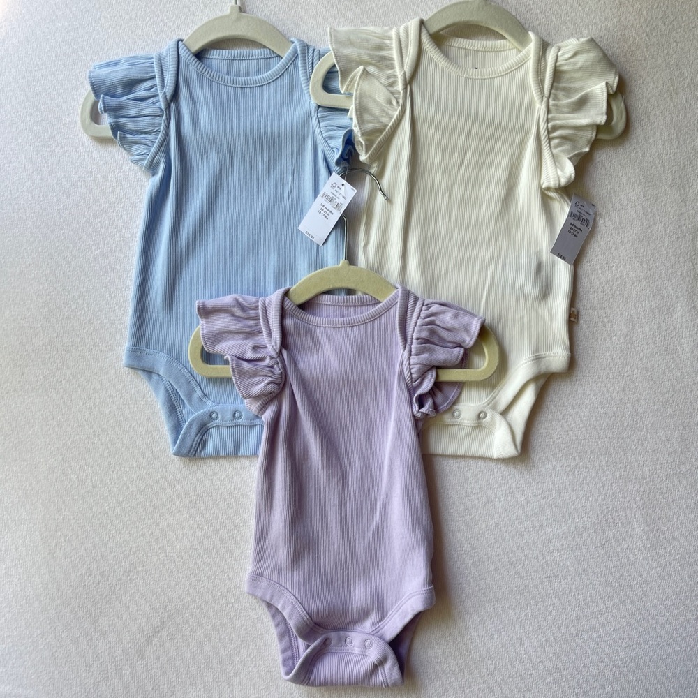 Baby Gap Flutter Sleeve Onesies - Set of 3 Blue, Cream, and Purple